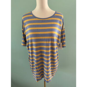 Women's LuLaRoe Irma Top XXS Blue & Gold Striped Dolman Sleeve